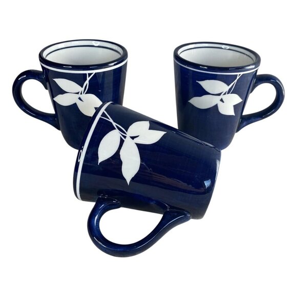 Dansk Sureau Coffee Tea Mugs Cups Set of 3 Handpainted  White Leaves Cobalt Blue - Picture 3 of 6